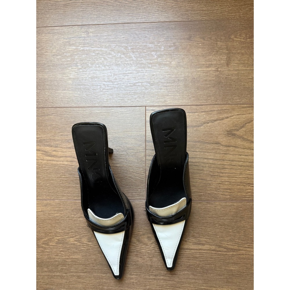 Mango Women Black White Pointed Toe Penny Loafer Mules Stiletto Heels 40